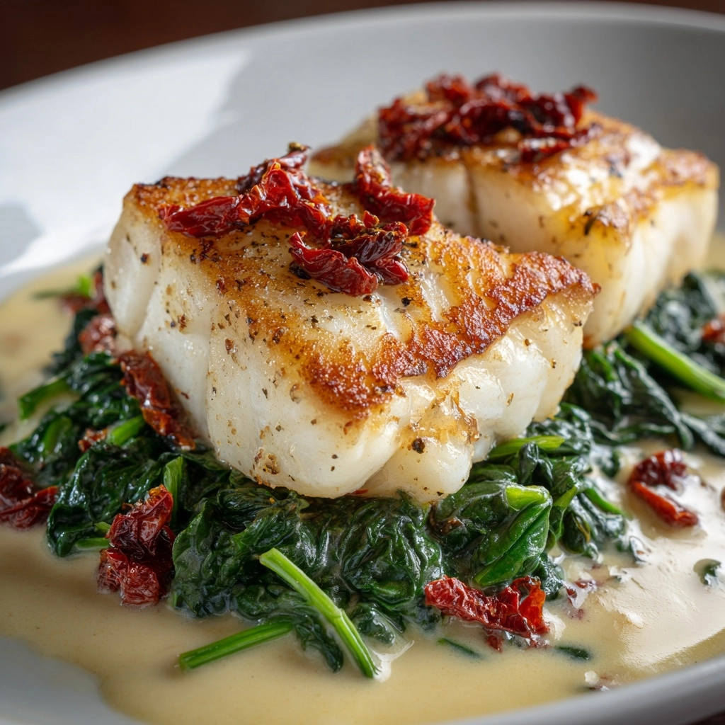 Creamy Keto Tuscan Cod with Spinach and Sun-Dried Tomatoes Recipe - Recipe Image