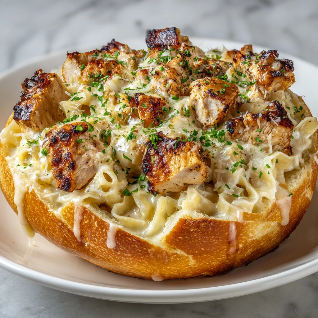 Chicken Alfredo Garlic Bread Bowls Recipe - Recipe Image