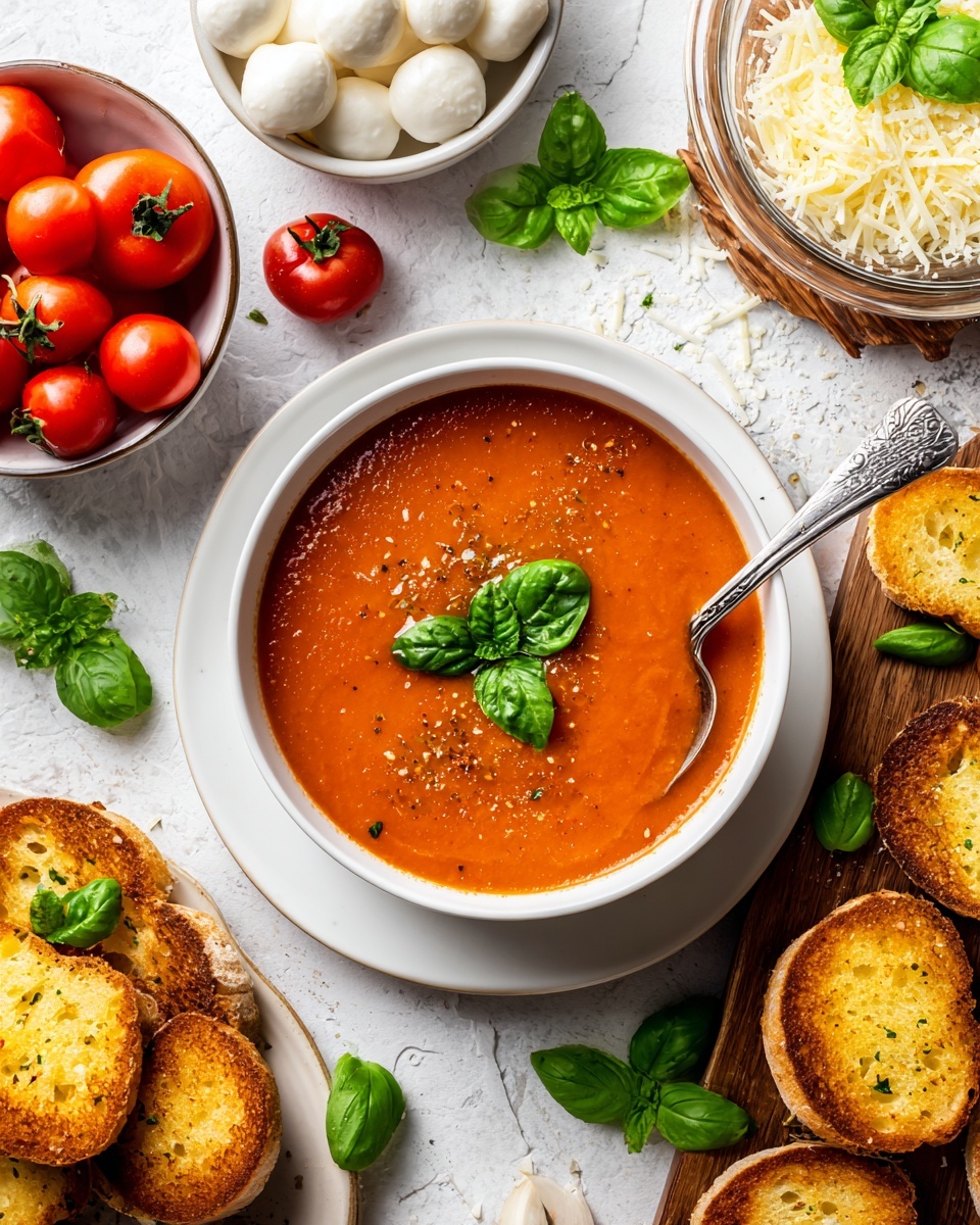 Tomato Basil Soup with Grilled Cheese Croutons Recipe - Recipe Image