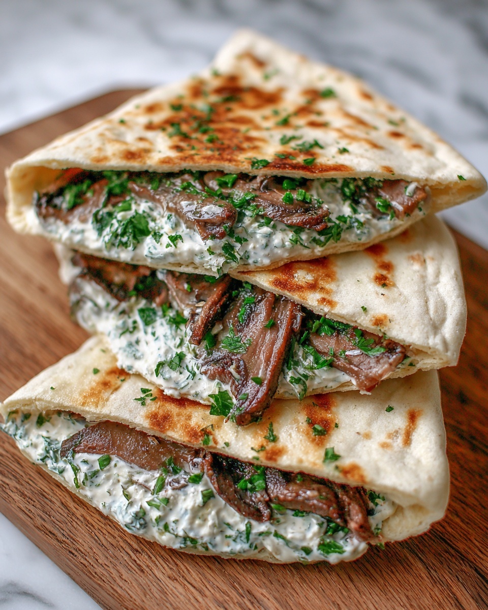 Cheesy Beef and Mushroom Pita Pockets with Tzatziki Sauce Recipe - Recipe Image