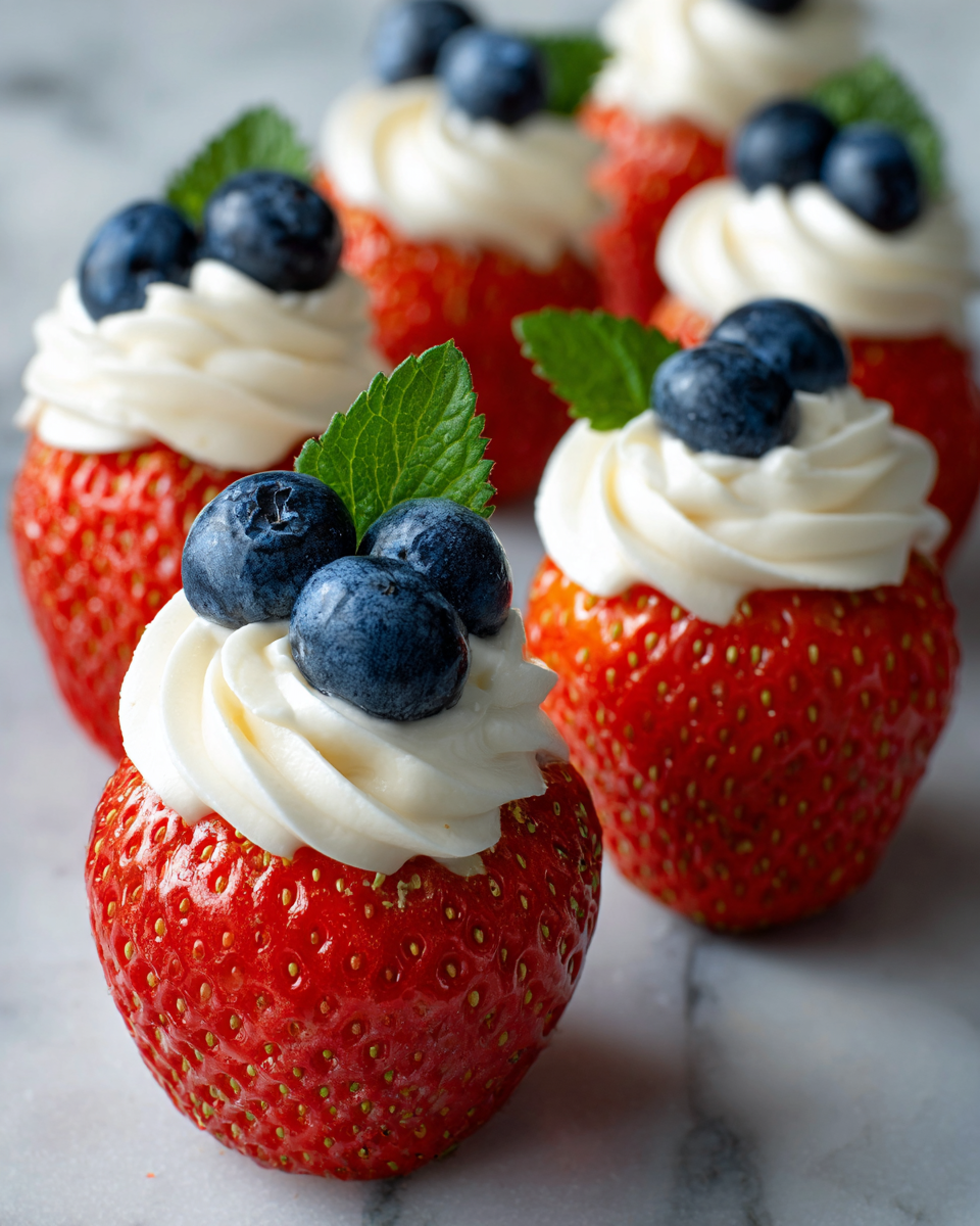 Red, White, and Blue Cheesecake Strawberries Recipe - Recipe Image