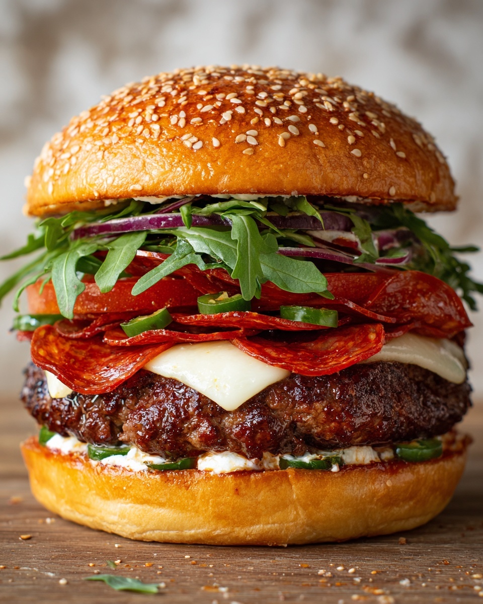 Pepperoni Burger with Provolone and Brioche Buns Recipe - Recipe Image