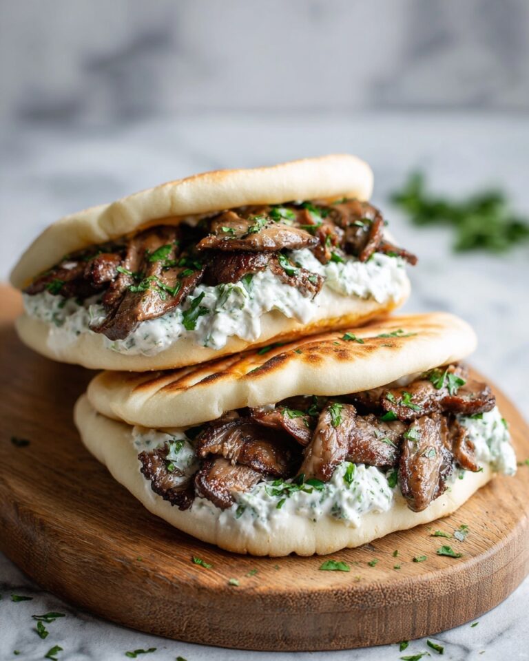 Cheesy Beef and Mushroom Pita Pockets with Tzatziki Sauce Recipe