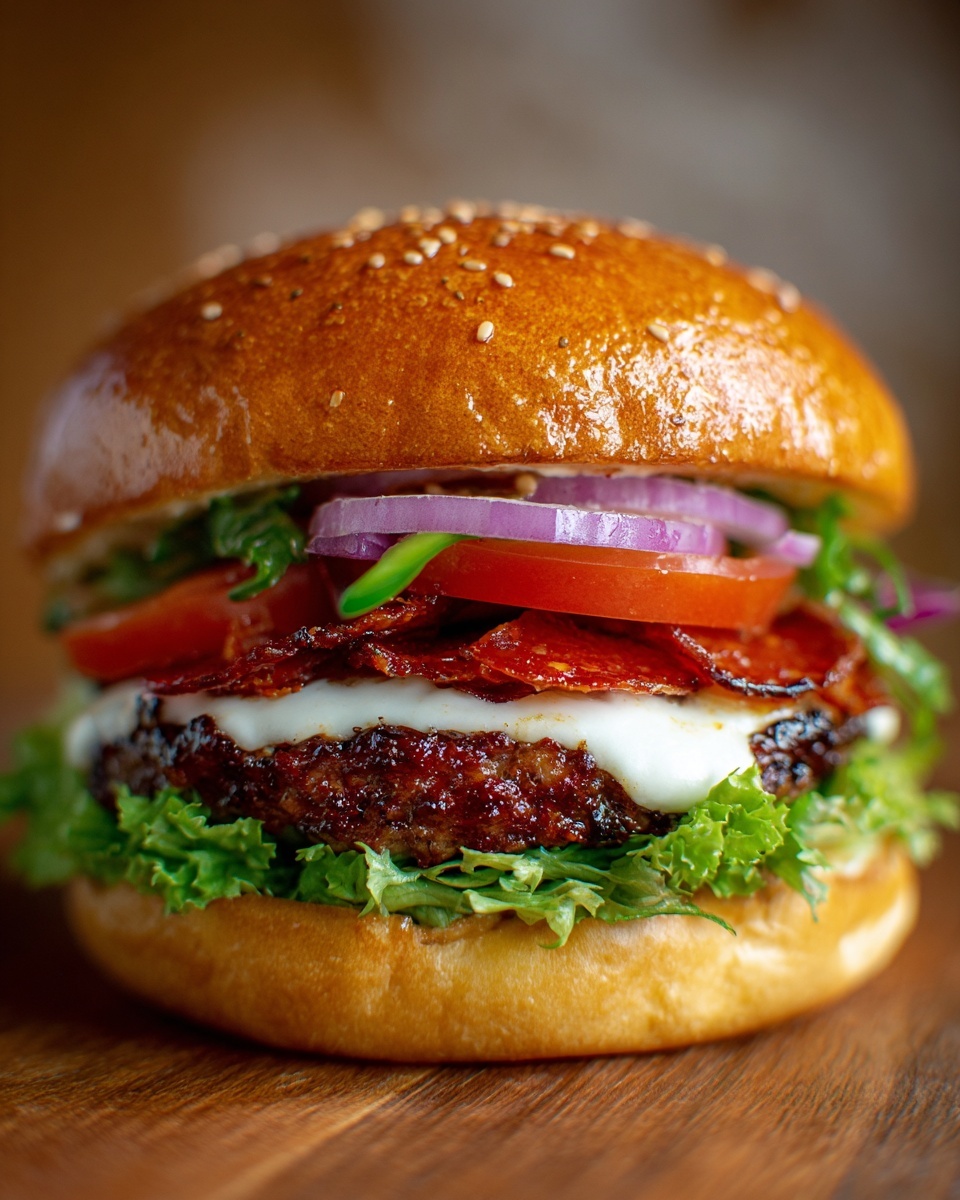 Pepperoni Burger with Provolone and Brioche Buns Recipe - Recipe Image