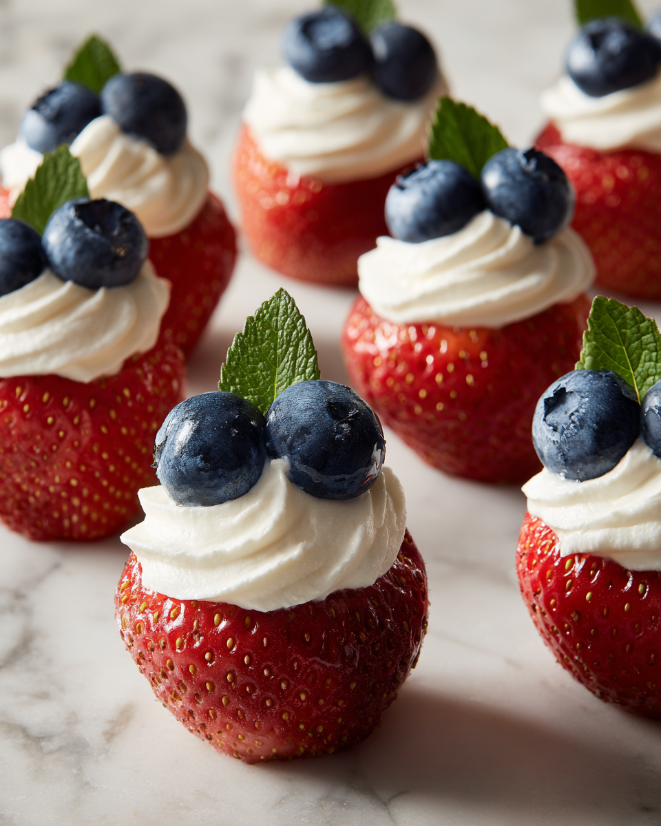 Red, White, and Blue Cheesecake Strawberries Recipe - Recipe Image