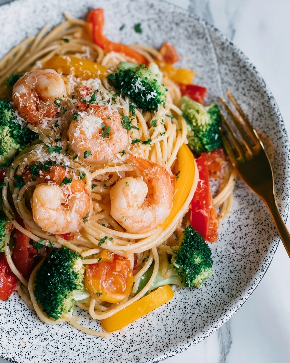 Spicy Shrimp Pasta with Broccoli and Bell Peppers Recipe - Recipe Image