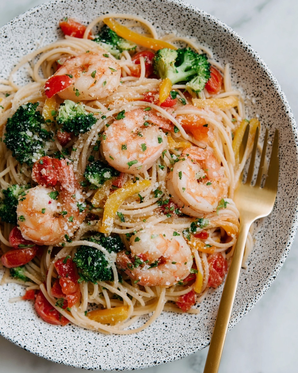 Spicy Shrimp Pasta with Broccoli and Bell Peppers Recipe - Recipe Image