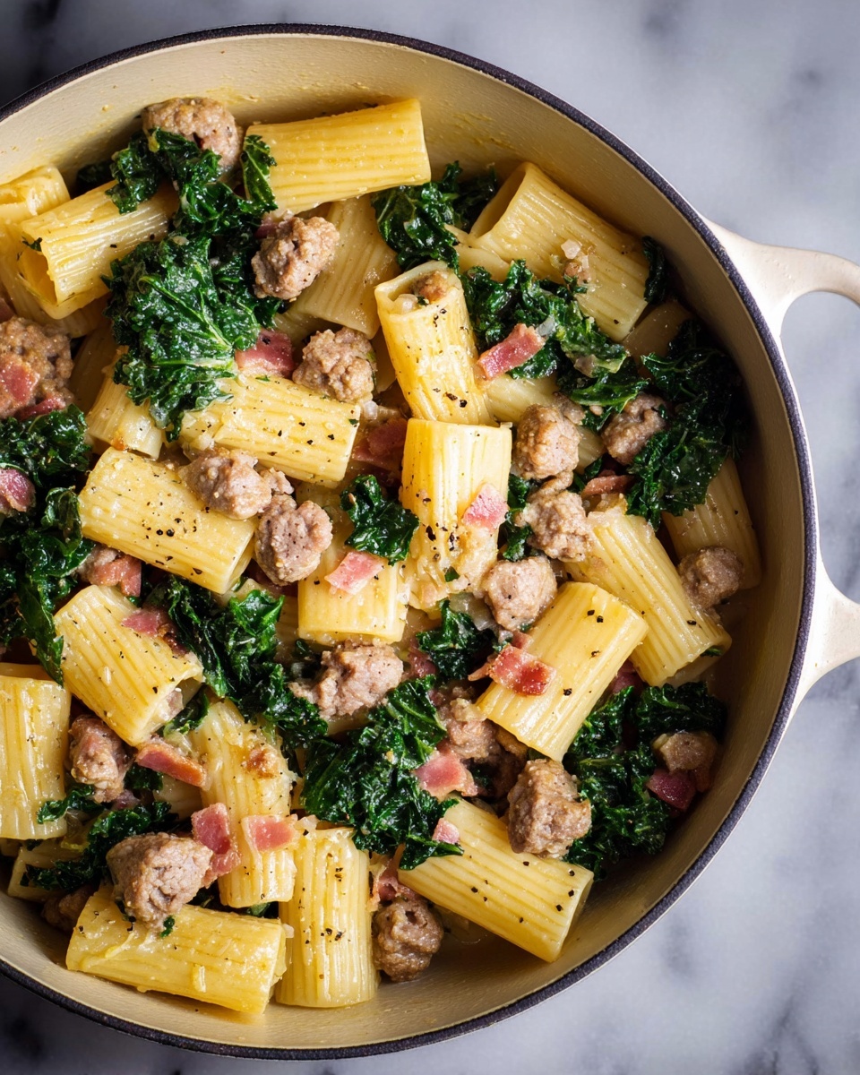 One Pot Rigatoni with Sausage, Bacon, and Kale Recipe - Recipe Image