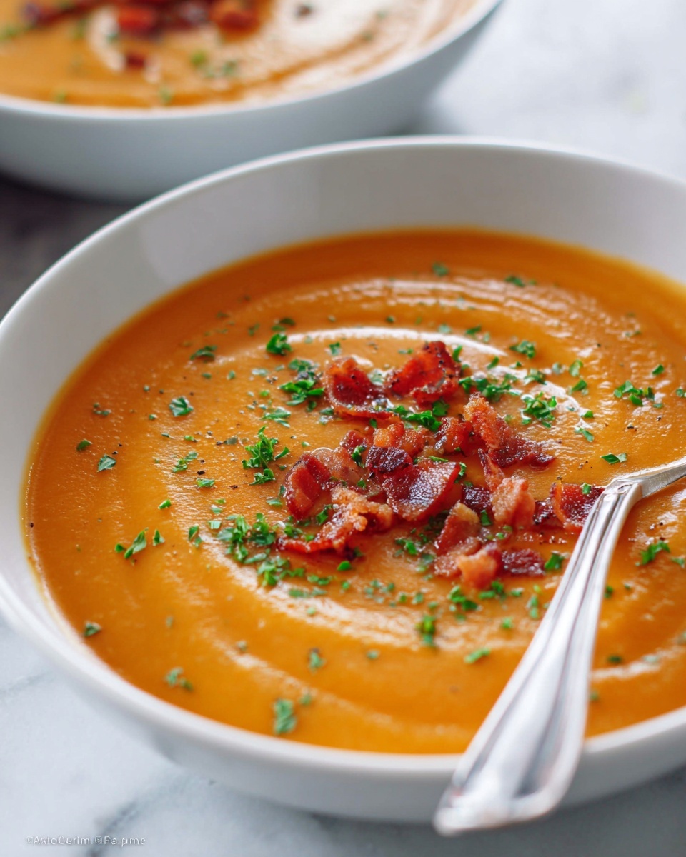 Roasted Butternut Squash Soup with Maple Syrup and Bacon Bits Recipe - Recipe Image