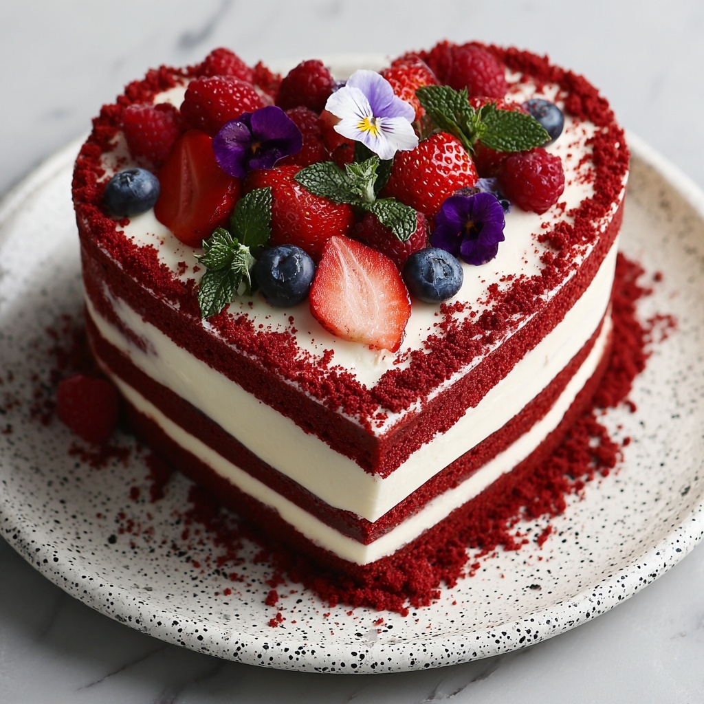 Heart-Shaped Red Velvet Layer Cake with Berries Recipe - Recipe Image