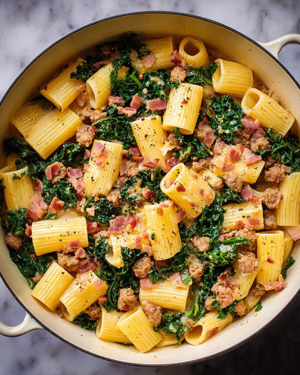 One Pot Rigatoni with Sausage, Bacon, and Kale Recipe - Recipe Image