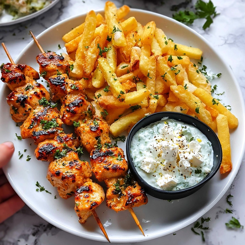 Chicken Tzatziki Skewers with Feta Fries Recipe - Recipe Image