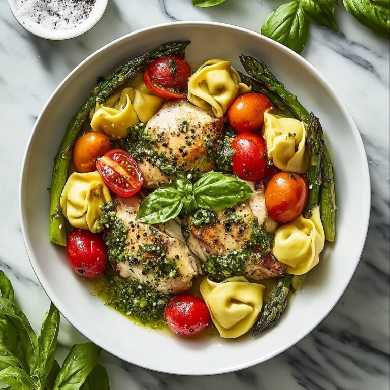 Basil Pesto Chicken with Tortellini, Asparagus, and Cherry Tomatoes Recipe