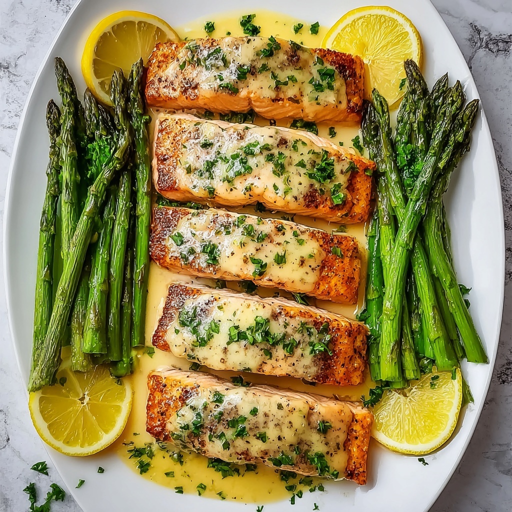 Baked Salmon in Foil with Asparagus and Lemon Garlic Butter Sauce Recipe - Recipe Image