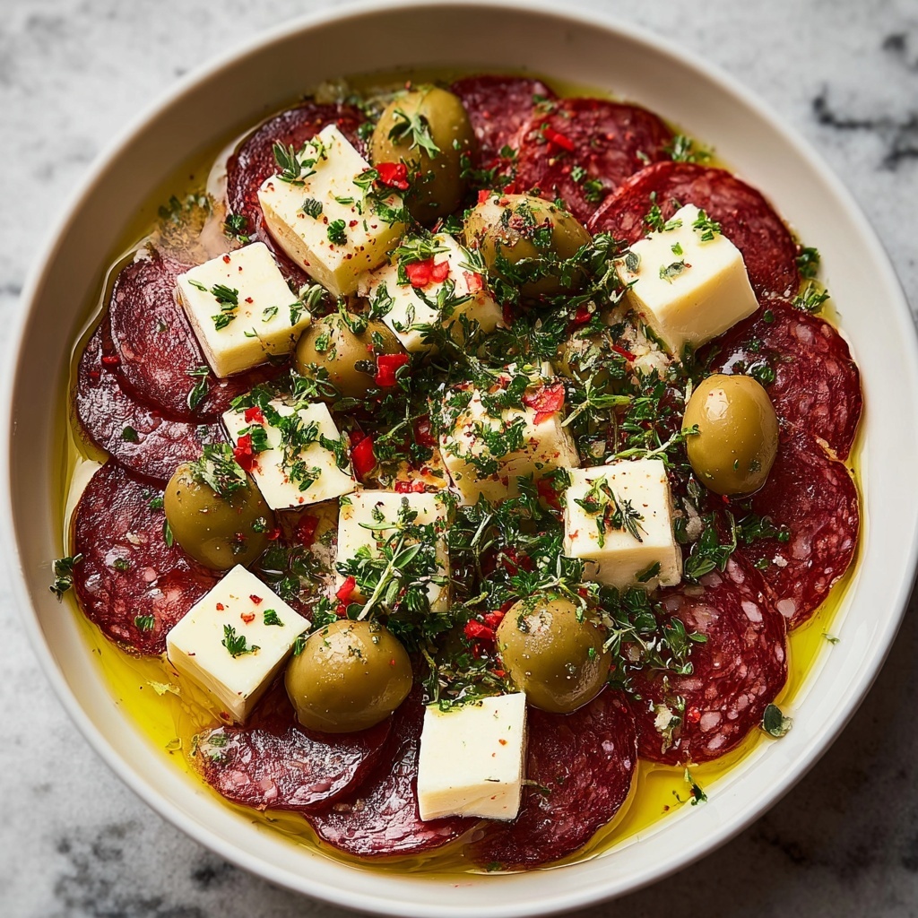 Marinated Cheese Appetizer with Salami & Green Olives Recipe - Recipe Image