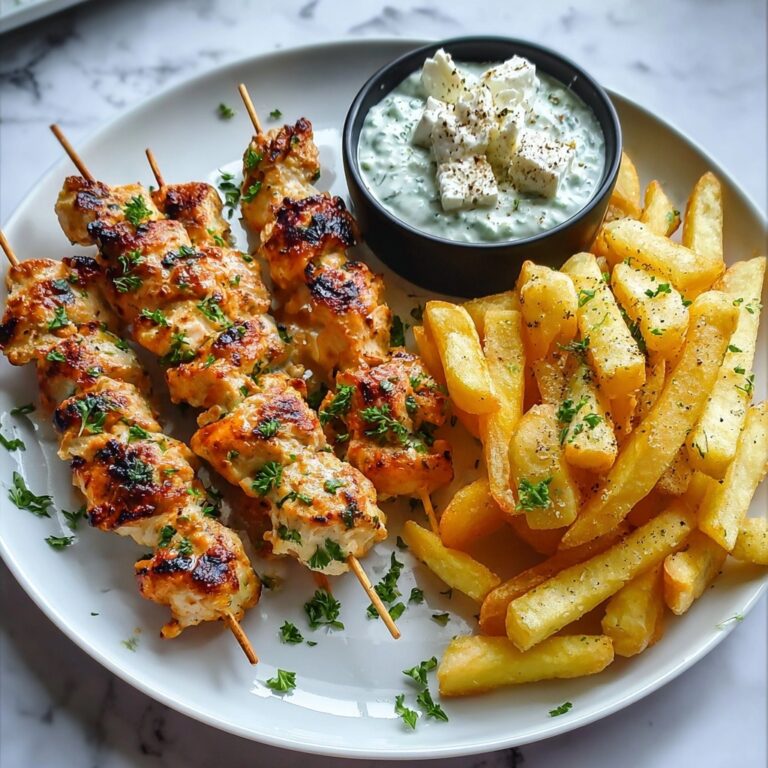 Chicken Tzatziki Skewers with Feta Fries Recipe