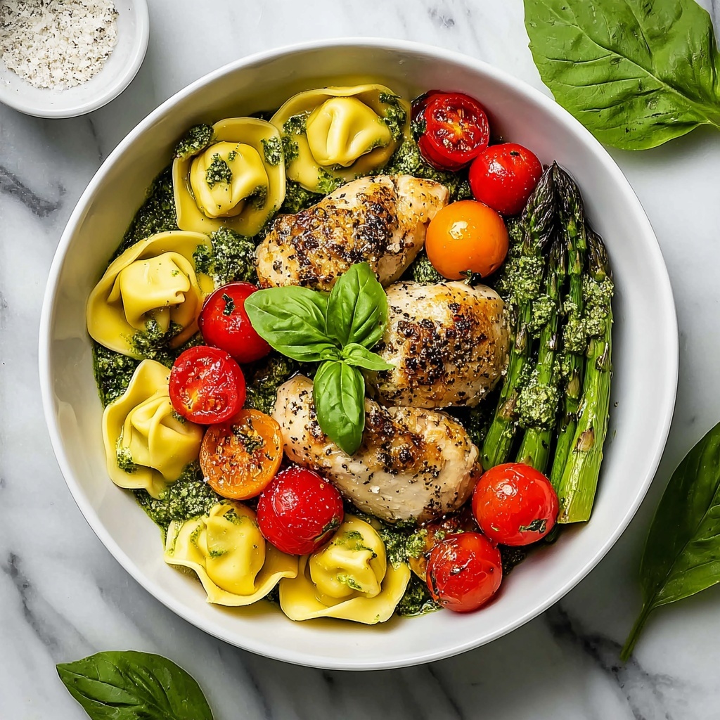 Basil Pesto Chicken with Tortellini, Asparagus, and Cherry Tomatoes Recipe - Recipe Image