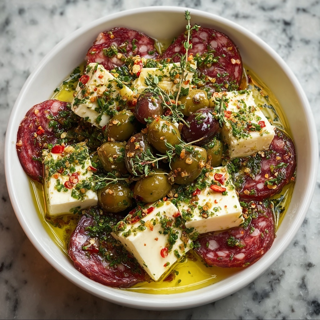 Marinated Cheese Appetizer with Salami & Green Olives Recipe - Recipe Image