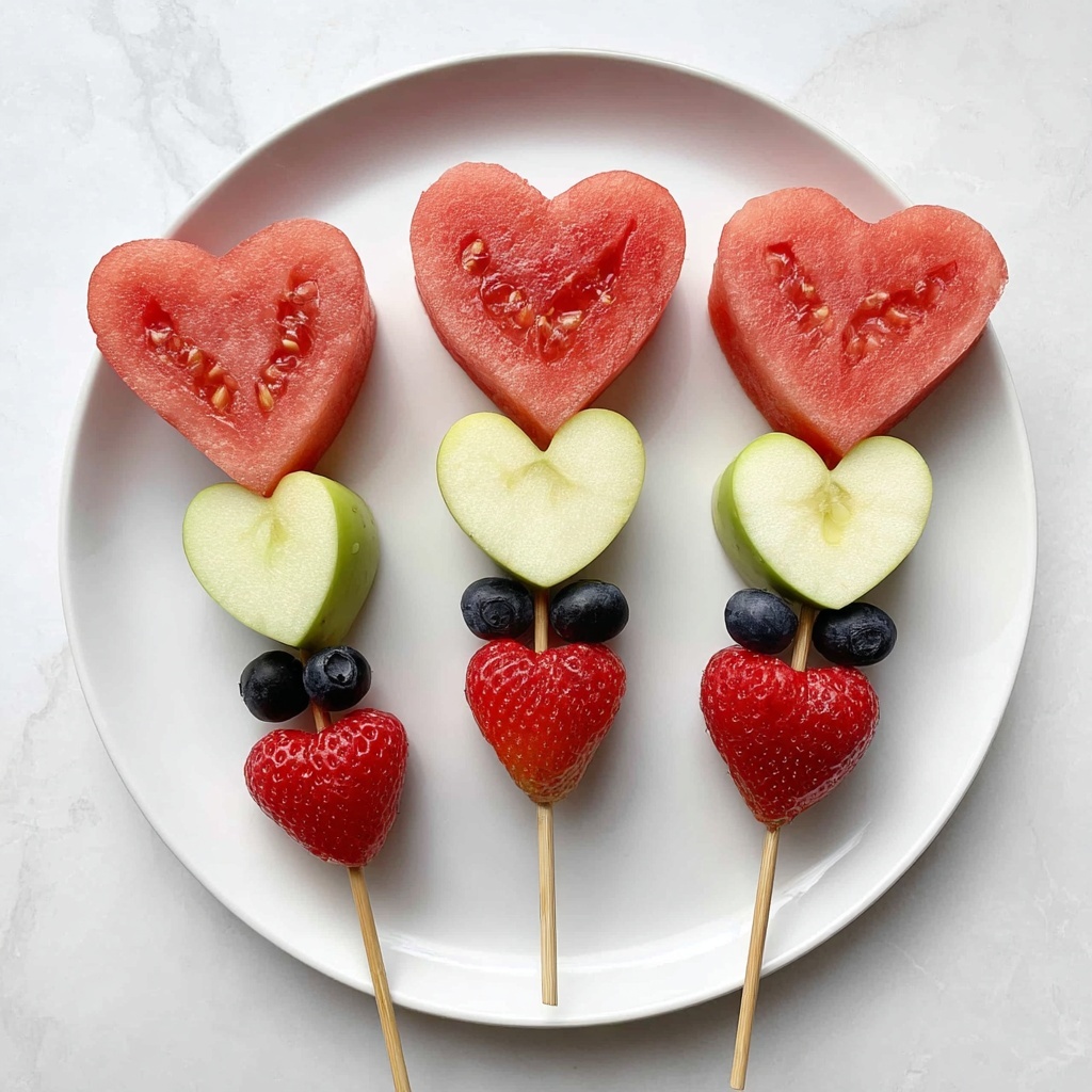 Heart-Shaped Fruit Skewers with Watermelon, Cantaloupe, Honeydew, and Berries Recipe - Recipe Image