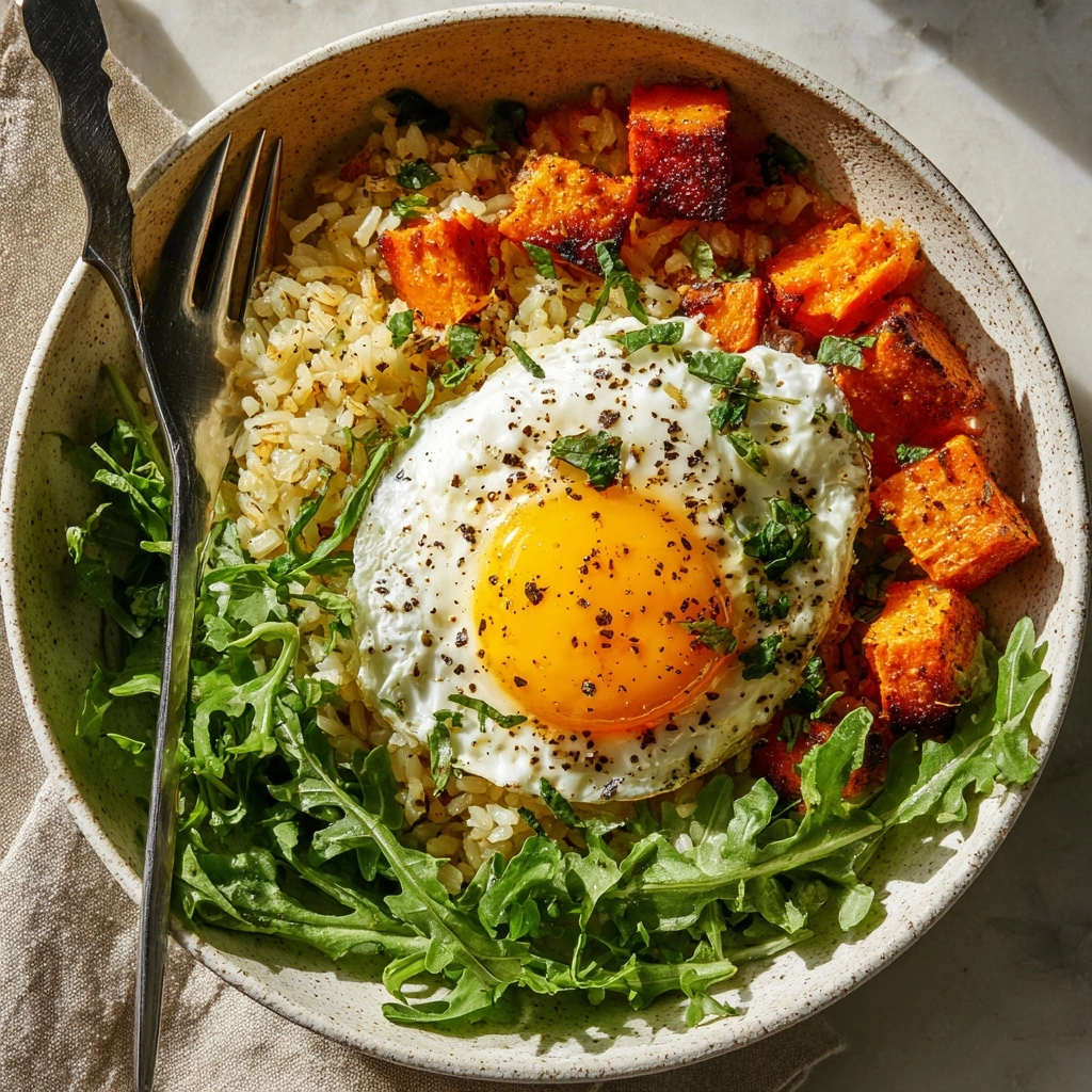 Rice Bowl with Sweet Potatoes, Green Curry, Arugula, and Poached Egg Recipe - Recipe Image