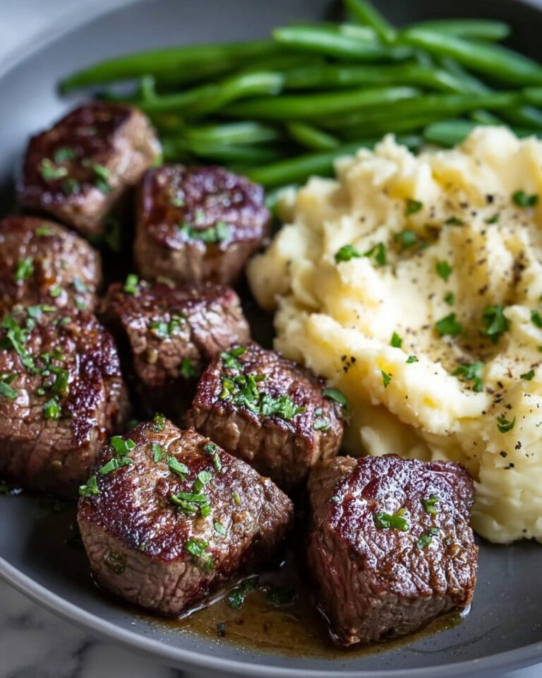 Garlic Butter Steak Bites with Mashed Potatoes and Green Beans Recipe