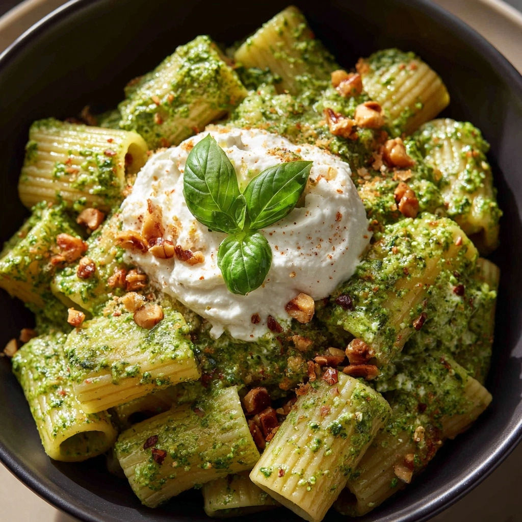 Creamy One-Pot Rigatoni with Basil-Pistachio Pesto and Burrata Recipe - Recipe Image