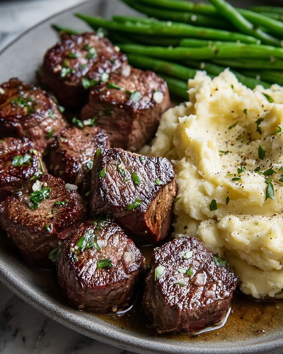 Garlic Butter Steak Bites with Mashed Potatoes and Green Beans Recipe - Recipe Image