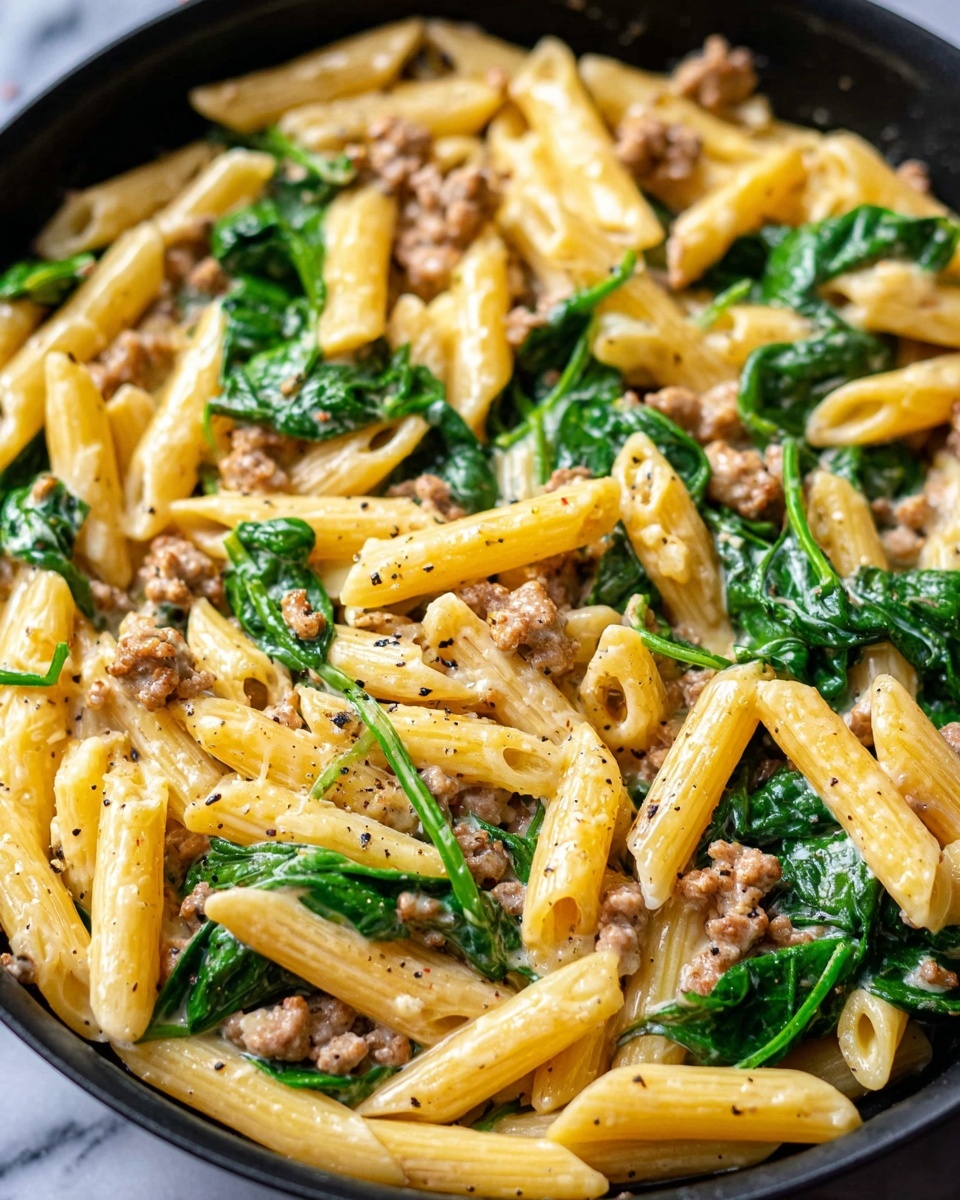One-Pan Creamy Penne with Spinach and Italian Sausage Recipe - Recipe Image