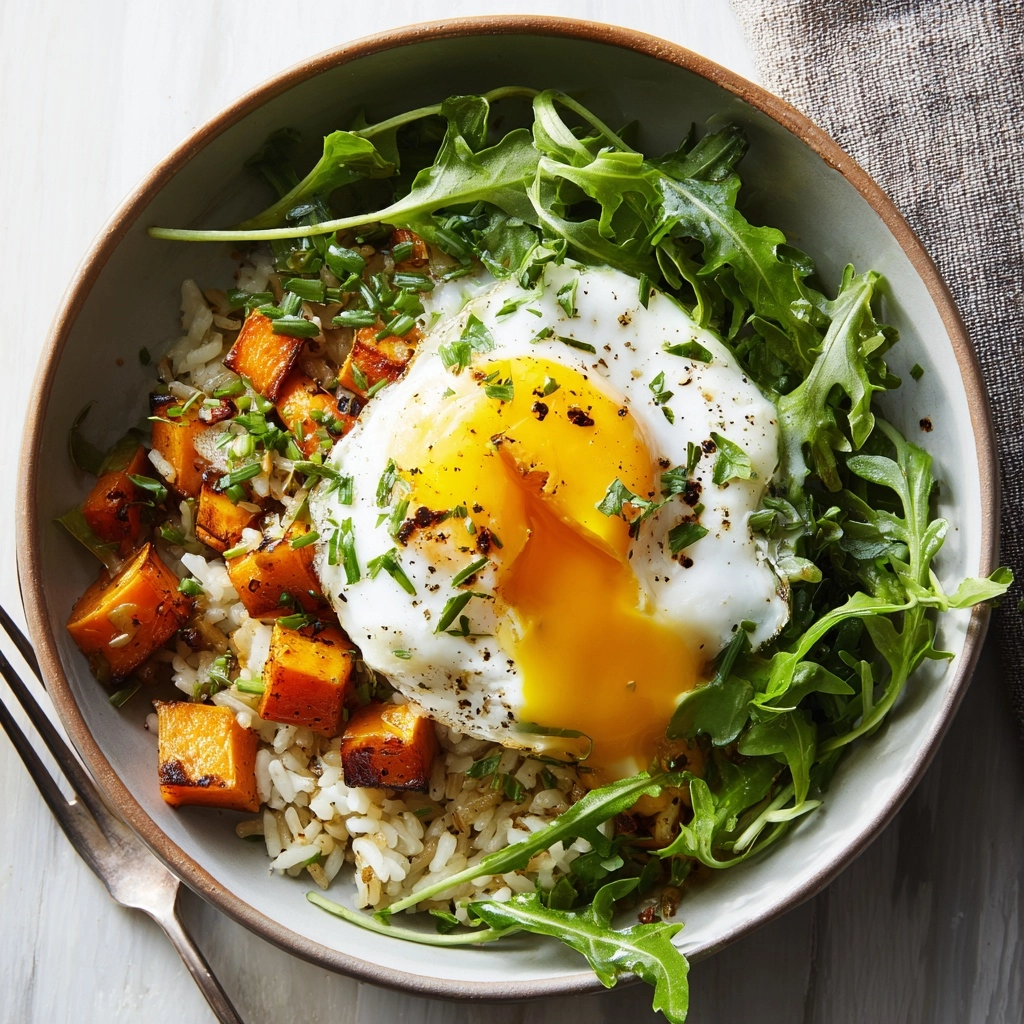 Rice Bowl with Sweet Potatoes, Green Curry, Arugula, and Poached Egg Recipe - Recipe Image