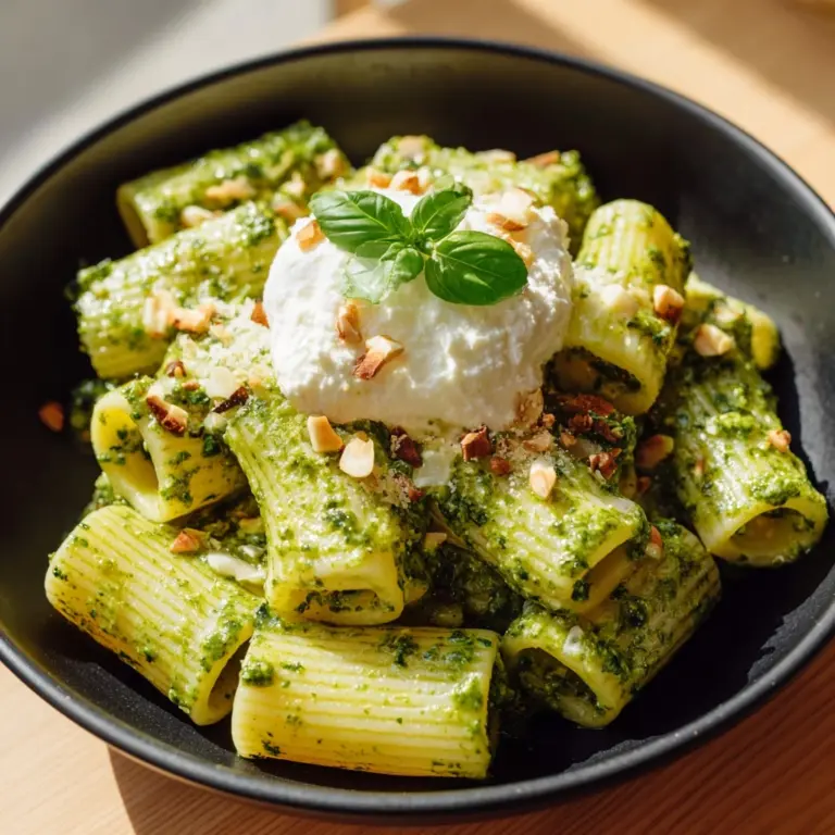 Creamy One-Pot Rigatoni with Basil-Pistachio Pesto and Burrata Recipe