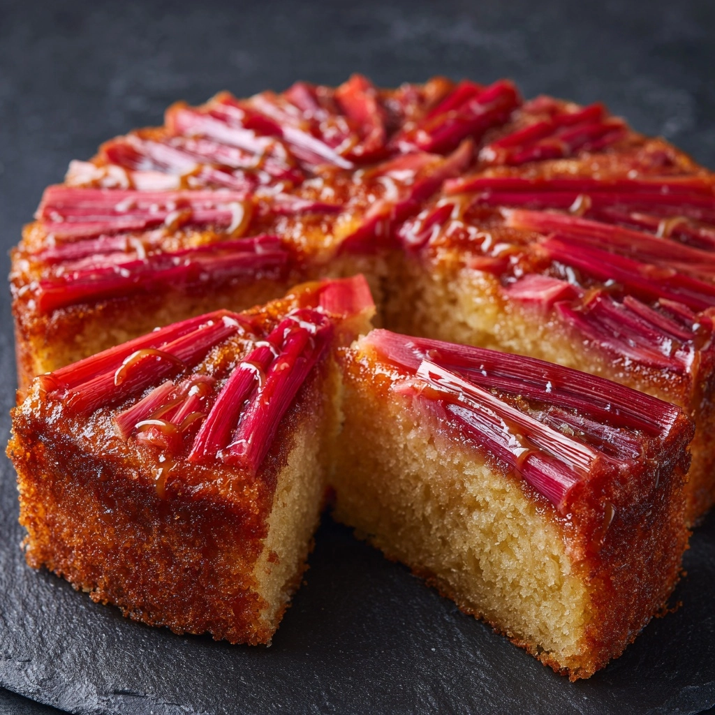 Upside-Down Rhubarb Cake with Caramel Swirls Recipe - Recipe Image