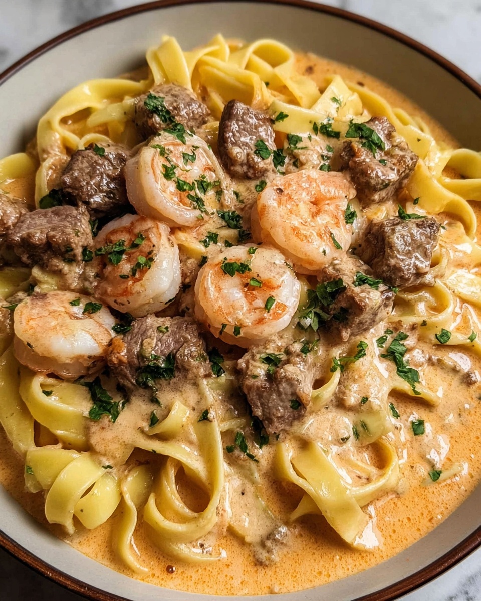 Spicy Shrimp and Steak Alfredo Delight Recipe - Recipe Image