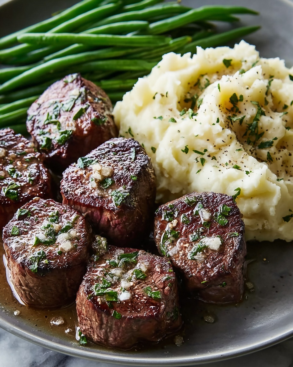Garlic Butter Steak Bites with Mashed Potatoes and Green Beans Recipe - Recipe Image