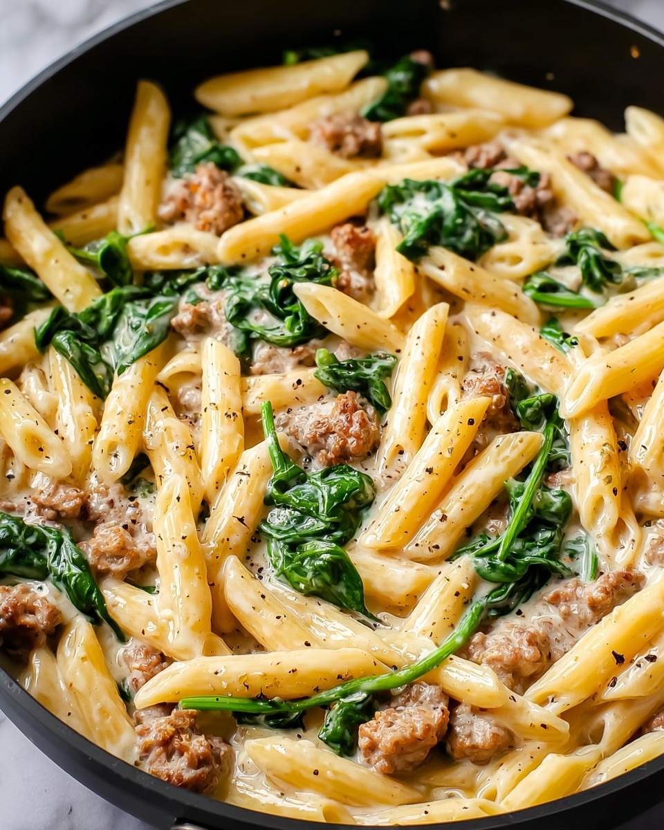 One-Pan Creamy Penne with Spinach and Italian Sausage Recipe - Recipe Image
