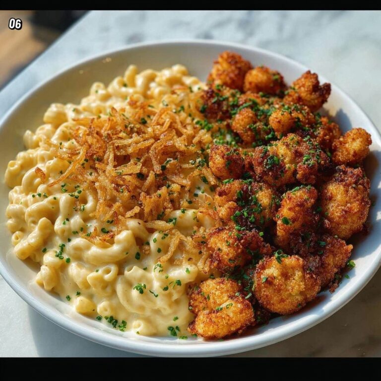 Garlic Butter Chicken Bites & Cajun Alfredo Mac with Crispy Onion Topping Recipe